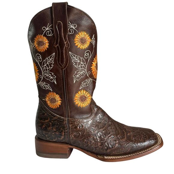 Reywelt Western Boots Embossed Leather Sunflower Embroidery Size 8 Square Toe - Picture 9 of 13